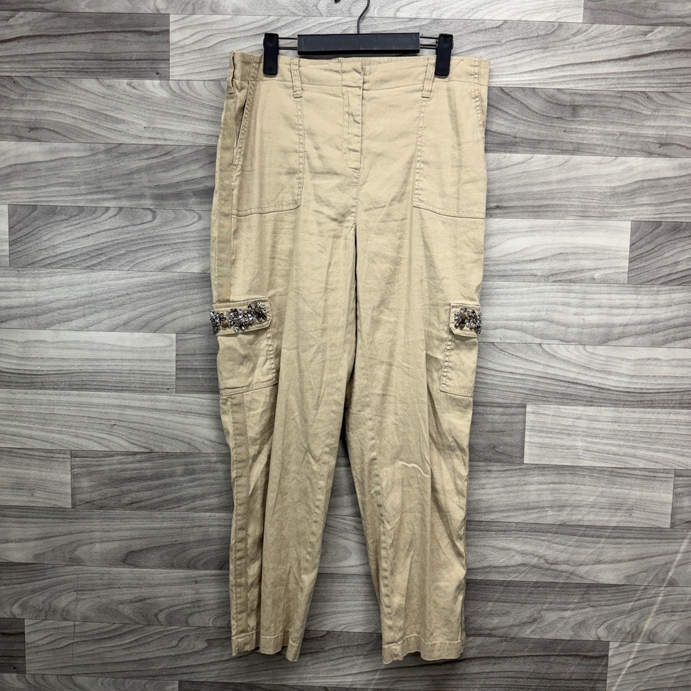 Chico's Cropped Cargo Pants Women's 8/ 1 Beige Rhinestone Embellished Casual
